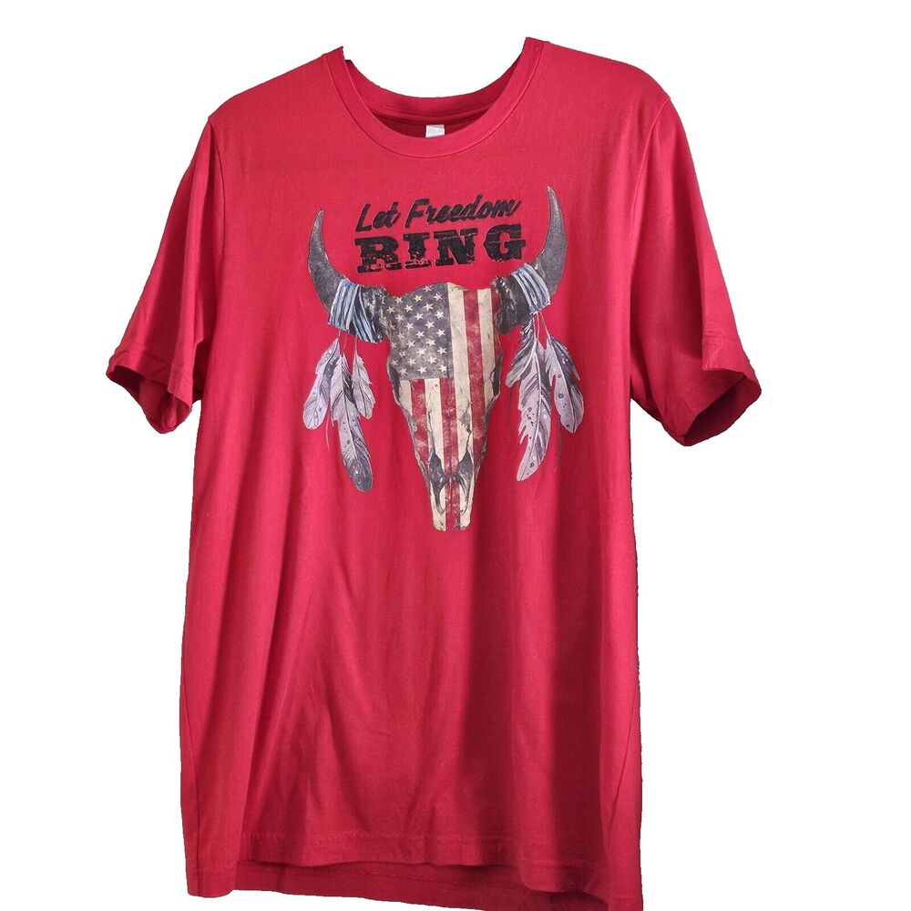Bella Canvas Mens Size Large Red Graphic T-Shirt Let Freedom Ring Bison Skull